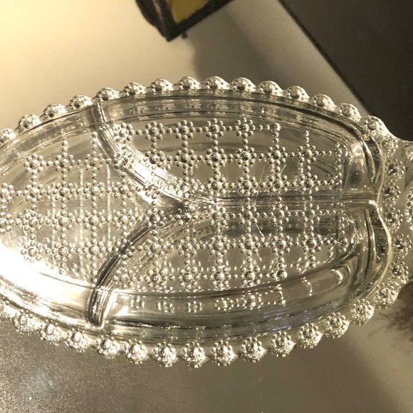 VTG Clear Pressed Glass Circles Dots Grid 3 Section Relish Condiment Candy Dish - Picture 7 of 9